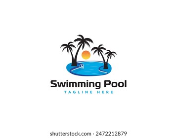 Swimming Pool with Sunset Summer Beach Travel Vacation Logo Design Vector Template