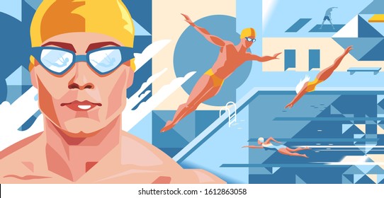 Swimming pool. Swimmer in a yellow cap and glasses. Front Crawl, dive. Flat. Vector illustration. Professional sport.