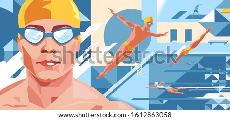 Swimming pool. Swimmer in a yellow cap and glasses. Front Crawl, dive. Flat. Vector illustration. Professional sport.