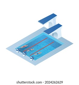 Swimming pool with swimmers competing. Vector isometric illustration on transparent background. Swimming competition. 