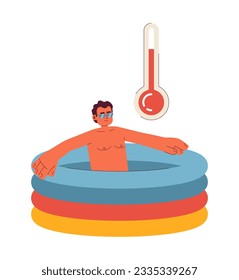 Swimming pool temperature high flat concept vector spot illustration. Hispanic man in kid pool 2D cartoon character on white for web UI design. Staying hydrated isolated editable creative hero image