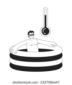 Swimming pool temperature high monochrome concept vector spot illustration. Man in kid pool 2D flat bw cartoon character for web UI design. Staying hydrated isolated editable hand drawn hero image