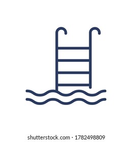 Swimming pool thin line icon. Ladder, water, waves isolated outline sign. Fitness, lifestyle, spa salon, resort concept. Vector illustration symbol element for web design and apps