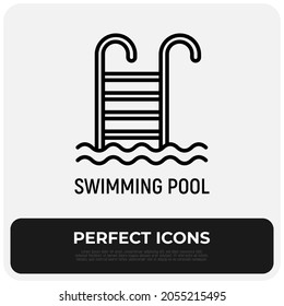 Icono de la línea delgada de la piscina con escalera. Ilustración vectorial moderna.