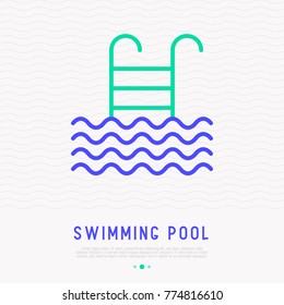 Swimming pool thin line icon with ladder. Modern vector illustration.