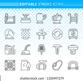Swimming pool thin line icons set. Outline sign kit of spares. Repair equipment linear icon collection includes filter, pump, chemical dosing. Editable stroke without fill. Pool simple vector symbol