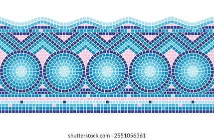 Borda de azulejo de piscina com padrão de mosaico circular em tons azuis. Layout geométrico com designs semelhantes a ondas. O Mediterrâneo clássico inspirou trabalhos decorativos em azulejos aquáticos. Realista ornamento de parede 3d.