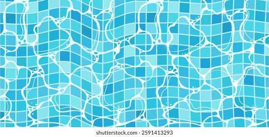 Swimming pool tiles and a rippling water surface with highlights. The pattern of the pool bottom made of tiles and a water surface . Illustrated vector clipart.