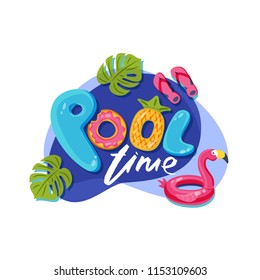 Swimming pool time cute letters. Vector label, sticker or print design. Flamingo float kids toys. Summer doodle illustration.
