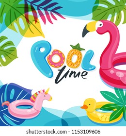 Swimming pool time cute letters. Water frame with flamingo, duck and unicorn float kids toys. Beach party vector summer poster, flyer, banner design template. Trendy doodle illustration.