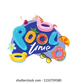 Swimming pool time cute letters. Vector label, sticker or print design. Unicorn and duck float kids toys. Summer doodle illustration.