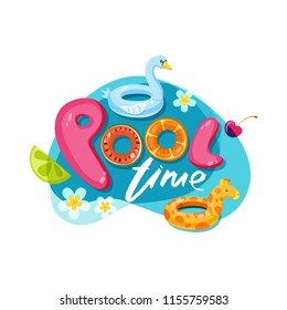 Swimming pool time cute letters. Vector label, sticker or print design. Swan and giraffe float kids toys. Summer doodle illustration.