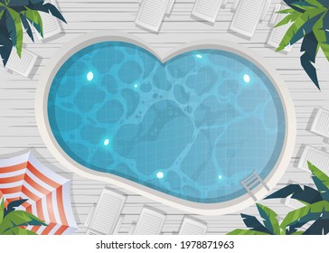 swimming pool top aerial view with wooden deck loungers palm tree horizontal illustration
