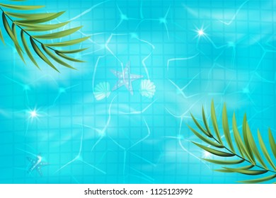  Swimming pool top view background. luxury swimming pool.
 Summer background. Texture of water surface. Overhead view. Vector illustration. Hello summer.
