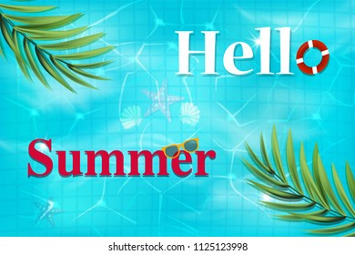  Swimming pool top view background. luxury swimming pool.
 Summer background. Texture of water surface. Overhead view. Vector illustration. Hello summer.
