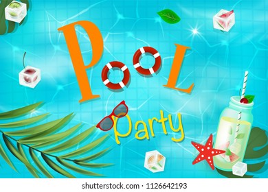  Swimming pool top view background. Texture of water surface. Overhead view. Pool party poster with inflatable balls, tropical cocktail, watermelons, palm branch, ice cubes.