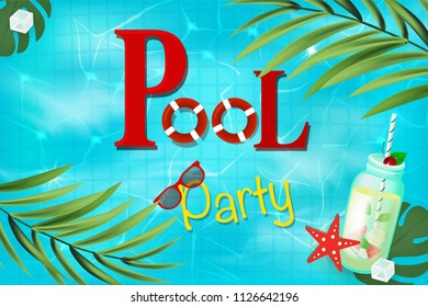  Swimming pool top view background. Texture of water surface. Overhead view. Pool party poster with inflatable balls, tropical cocktail, watermelons, palm branch, ice cubes.