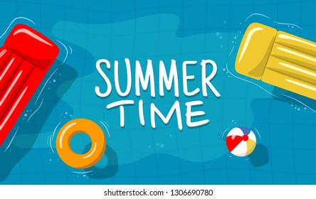 Swimming pool top view background. Rubber ring and raft floating on water.
Vector illustration in flat style