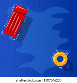 Swimming pool top view background. Rubber ring and raft floating on water. Vector illustration in flat style