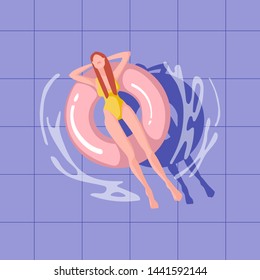 Swimming pool top view background. Girl sunbath on ring in the swimming pool. Realistic summertime illustration. Pool party. Summer poster.