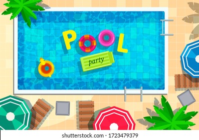 Swimming pool in top view background, Pool Party sign. Rest and relaxation area, place for summer fun. Sun loungers, air mattress and floating rings, umbrellas, beach objects. Vector illustration