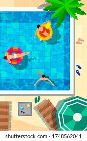 Swimming pool in top view background. People swimming, relax, place for summer fun and parties. Sun loungers by pool, air mattress and floating rings, umbrellas, beach objects. Vector illustration