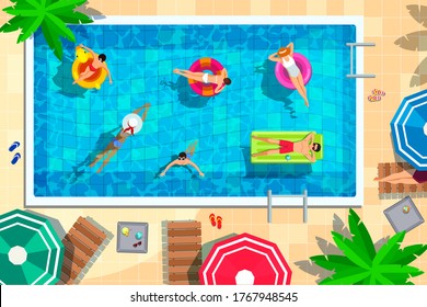 Piscina en segundo plano. Gente nadando, relajándose, lugar para diversión de verano y fiestas. Tumbonas junto a la piscina, colchón de aire y anillos flotantes, sombrillas y objetos de playa. Ilustración del vector