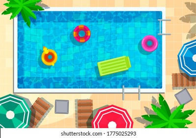 Swimming pool in top view background. Rest and relaxation area, place for summer fun and parties. Sun loungers by pool, air mattress and floating rings, umbrellas, beach objects. Vector illustration