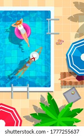 Swimming pool in top view background. People swimming, relax, place for summer fun and parties. Sun loungers by pool, air mattress and floating rings, umbrellas, beach objects. Vector illustration