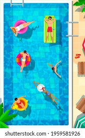 Swimming pool in top view background. People swimming, relax, place for summer fun and parties. Sun loungers by pool, air mattress and floating rings, umbrellas, beach objects. Vector illustration.