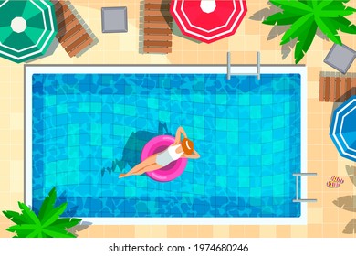 Swimming pool in top view background. Woman swimming on floating ring, relax. Place for summer fun and parties. Sun loungers by pool, umbrellas, beach objects. Vector illustration