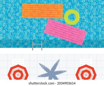 Swimming pool top view background. water ring, Inflatable Raft and umbrella lounger.