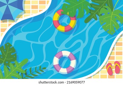 swimming pool top view background. water ring umbrella lounger