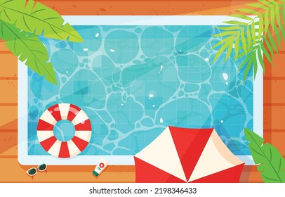 swimming pool top view background. water ring umbrella lounger