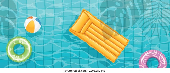 swimming pool top view background. water ring umbrella lounger - Shutterstock ID 2291282343