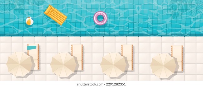 swimming pool top view background. water ring umbrella lounger
