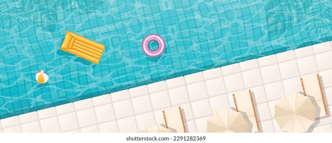 swimming pool top view background. water ring umbrella lounger