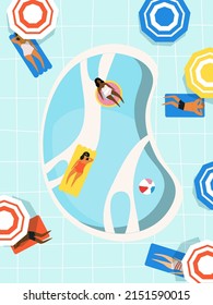 swimming pool top view beach summer time scene with people , men women children swimming, floating on inflatable mattress and rings vector illustration EPS