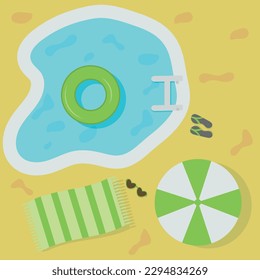 Vista de la parte superior de la piscina, con tapón y paraguas.Ilustración vectorial, plano
