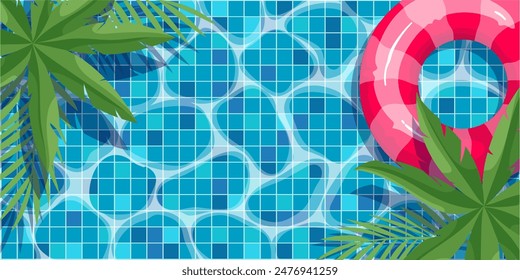 Swimming pool top view, beach party cartoon poster. Summer vacation theme background of cute blue water surface in pool, pink inflatable ring and tropical palm tree leaves cartoon vector illustration