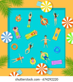 swimming pool top view beach summer time scene with people , men women children swimming, floating on inflatable mattress and rings vector illustration