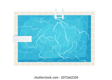 Swimming pool top view in cartoon style isolated on white background. Water texture, detailed and bright. Outdoor, landscape.