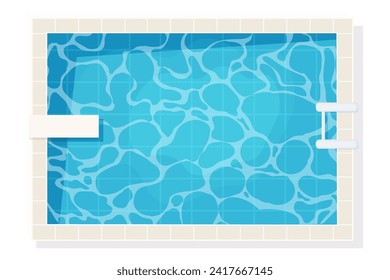 Swimming pool top view in cartoon style isolated on white background. Water texture, detailed and bright. Outdoor, landscape.