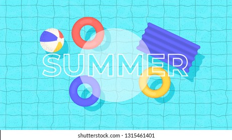 Swimming pool top view. Swimming circles, mattress and ball with logo. Vector Illustration for background, poster or banner.