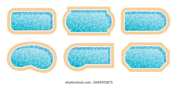Swimming pool top view collection. Set of different shapes pools with water caustics texture and mosaic bottom