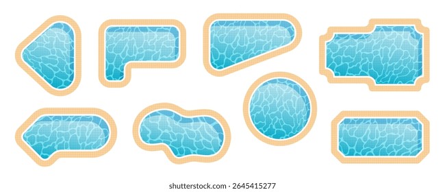 Swimming pool top view collection. Set of different shapes pools with water caustics texture and mosaic bottom