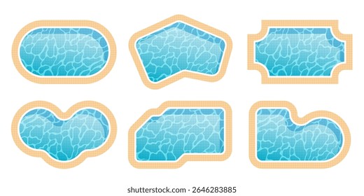 Swimming pool top view collection. Set of different shapes pools with water caustics texture and mosaic bottom