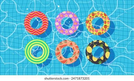 Swimming Pool from Top View Colorful Inflatable Rubber Rings with fun patterns. Clean blue water pool summer background. Perfect for summer parties, beach holiday design