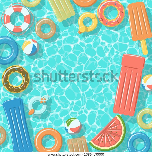 Swimming pool from top view with\
colorful inflatable rubber rings, rafts, beach ball and life\
buoy