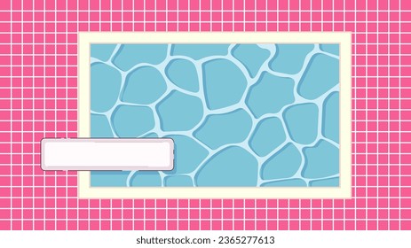 Swimming pool top view cute kawaii lo fi background. Lounge zone with jumping desk. 2D vector cartoon exterior illustration, lofi aesthetic wallpaper desktop. Japanese anime scenery, dreamy vibes